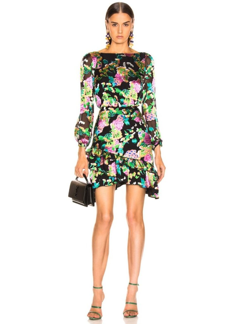 NWT Saloni Felicia Satin Mini Dress Black Multicolor Hydrangea Bold Floral 4